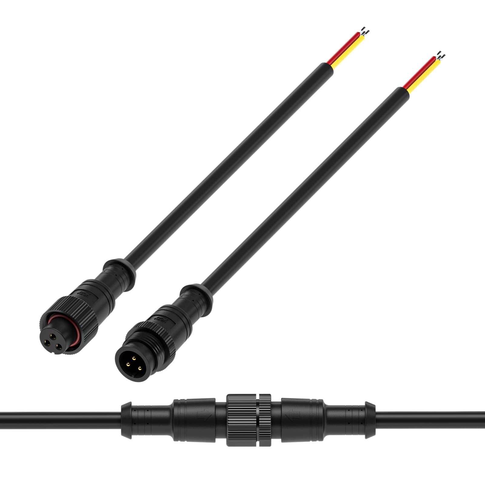 BTF-LIGHTING 3 Pin Electrical Metal nut Connector 18AWG IP67 Male Female Connector 7.87in/20cm Extension Cable for Car Truck Boat Indoor/Outdoor LED Band Lights/String 22mm Metal Nut Big Size