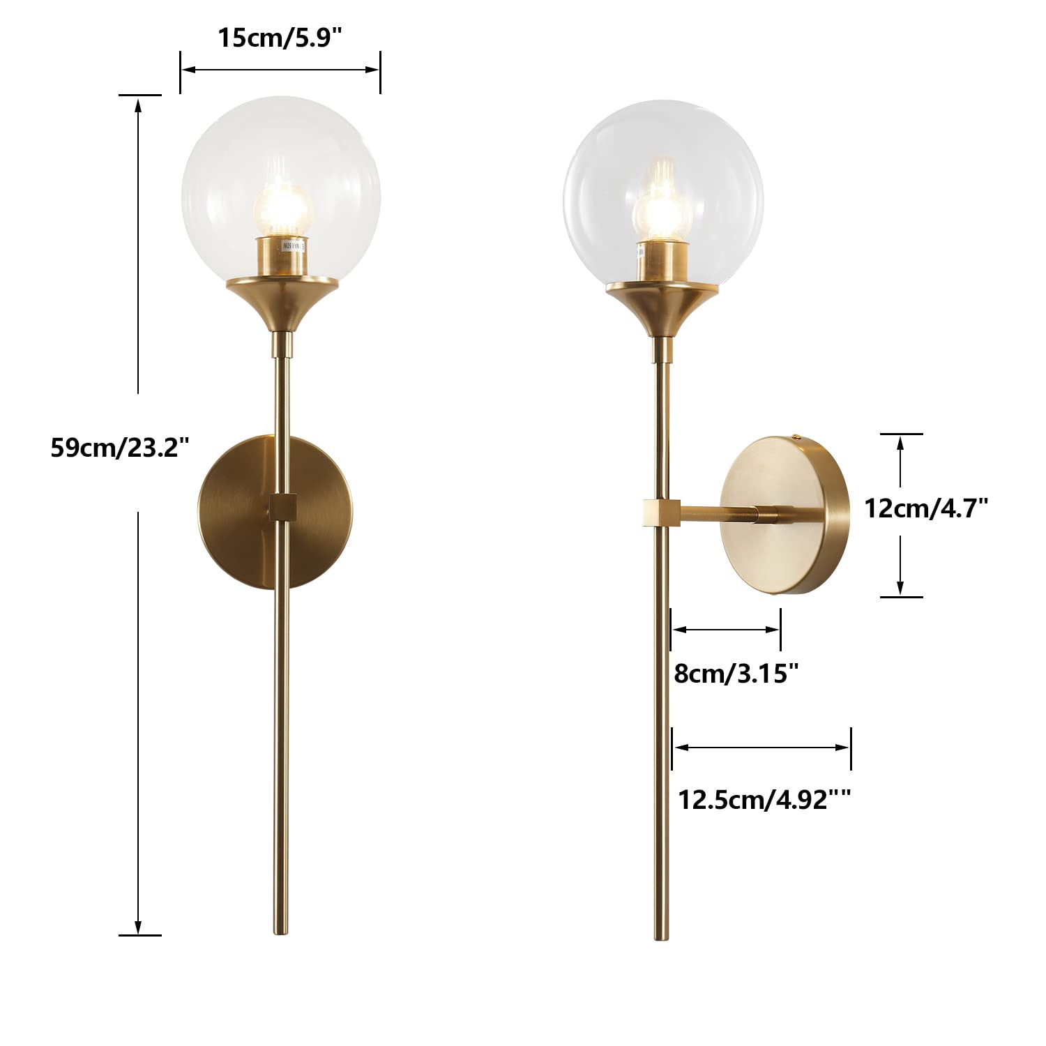 KCO Lighting Vanity Wall Sconce - Clear Bubble Glass, Brushed Brass, Modern Globe Design, Mid Century Style, Model: bc354165