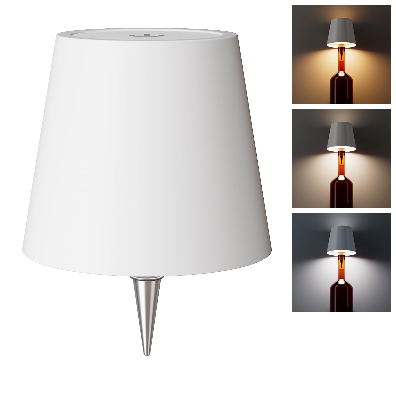 WOKWOYIO Metal Wireless Bottle Lamp, Rechargeable LED, 3 Color Temperatures, 1 Pack, White, Model YC012NA