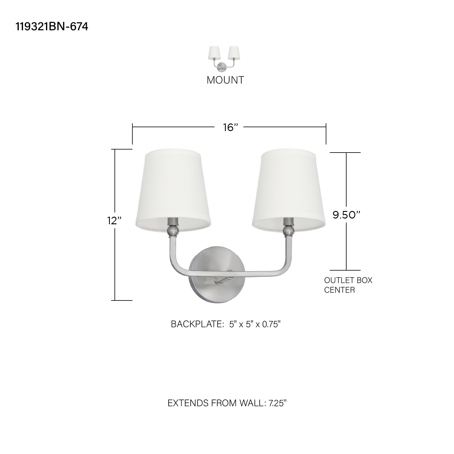 Capital Lighting 2-Light Bath Vanity Wall Mount, Brushed Nickel, Fabric Stay-Straight Shades, 12in H x 16in W, Model 119321BN-674