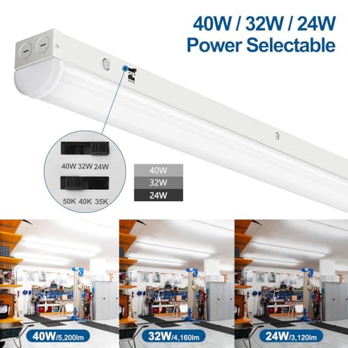 DAKASON 4FT LED Linear Light Fixture, 40/32/24W, 5000K CCT, White, Solid Metal Housing, 4 Pack