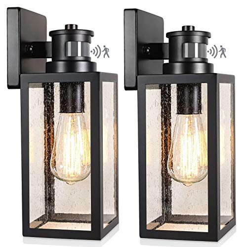 Lakumu 2-Pack Motion Sensor Outdoor Wall Lanterns, Waterproof Sconce with Seeded Glass, E26 Socket, Black/Clear, Model B05023PG(2PK)