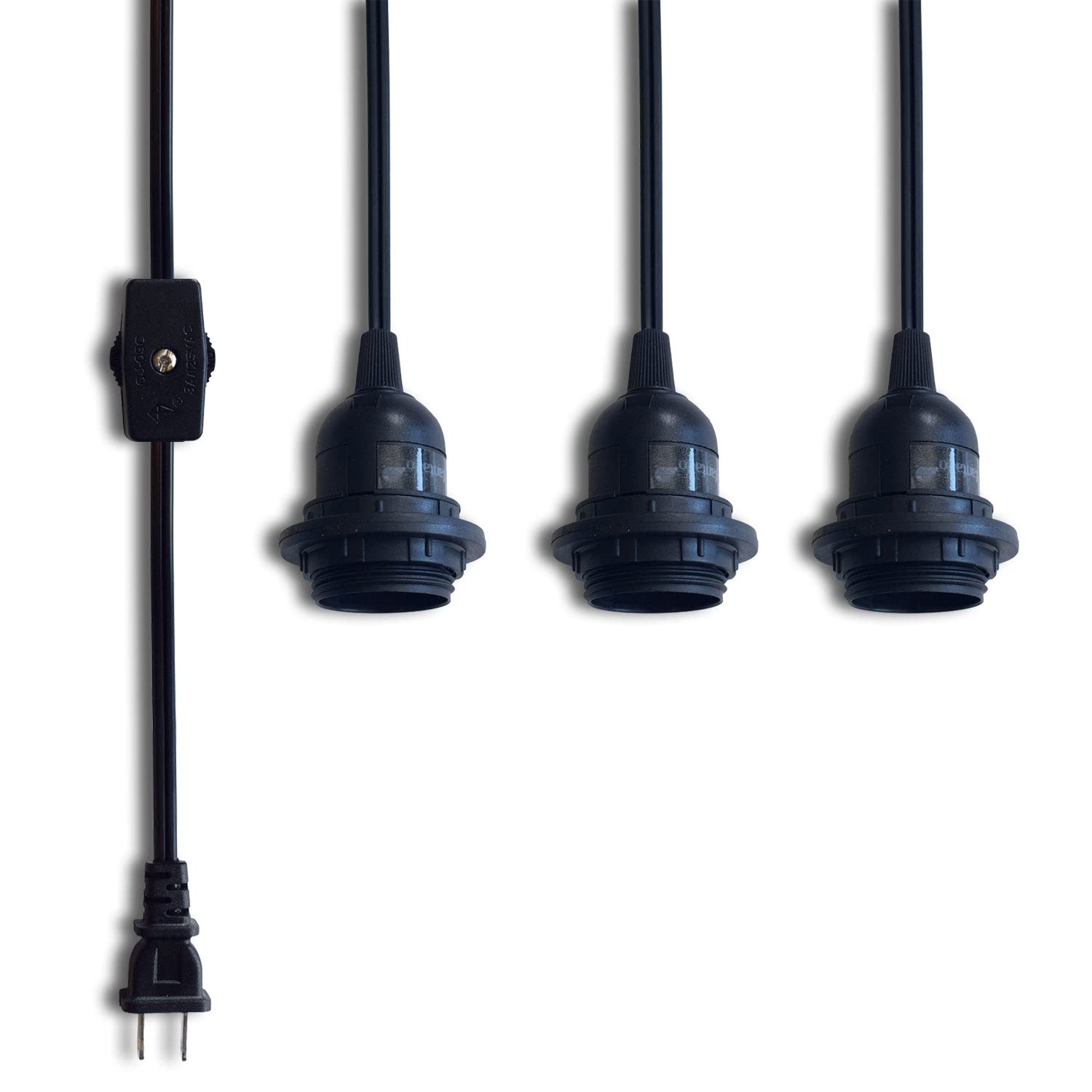 Fantado 19FT Triple Socket Black Pendant Light Cord, Durable Hanging Lamp Kit for Home, Shop, Garage with On/Off Switch, Model 19UL3SC-BK