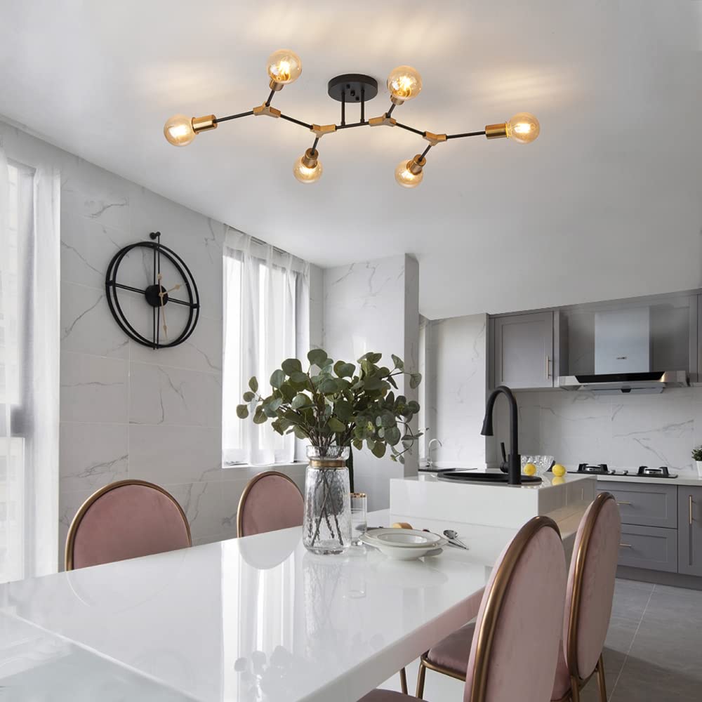 Quoobe Modern Mid Centur 6 Light Semi Flush Mount Ceiling Lighting Fixture For Living Room Bedroom Dining Room Hallway Kitchen Office,Minimalist Gold And Black Sputnik Chandelier
