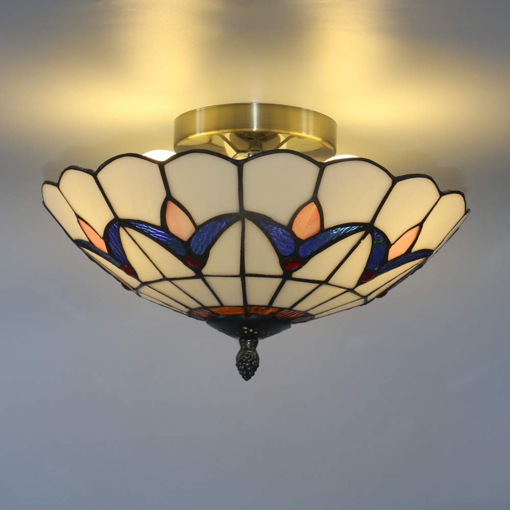 Skyweel 12 Inch Vintage Chandeliers Light Tiffany Style Stained Glass Ceiling Light Stained Glass Flush Mount Ceiling Lighting F