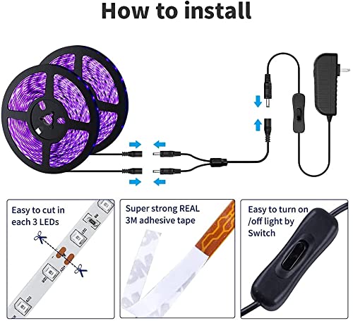 TigQiang Black Light Strip Kit, 66ft Flexible LED, 1200 Lamp Beads, 12V Non-Waterproof, Ideal for Indoor Parties