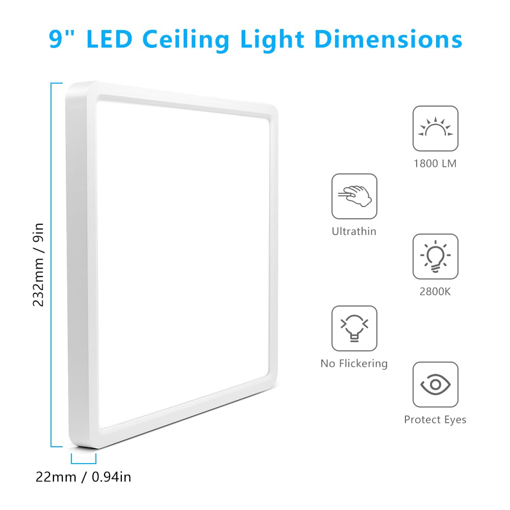 9Inch 18W Square Led Ceiling Light Fixtures Flush Mount  2800K Warm White Led Ceiling Lamp  Surface Mount Modern Ceiling Lights  Slim Flat Panel Lighting For Bedroom  Kitchen  Bathroom Etc.