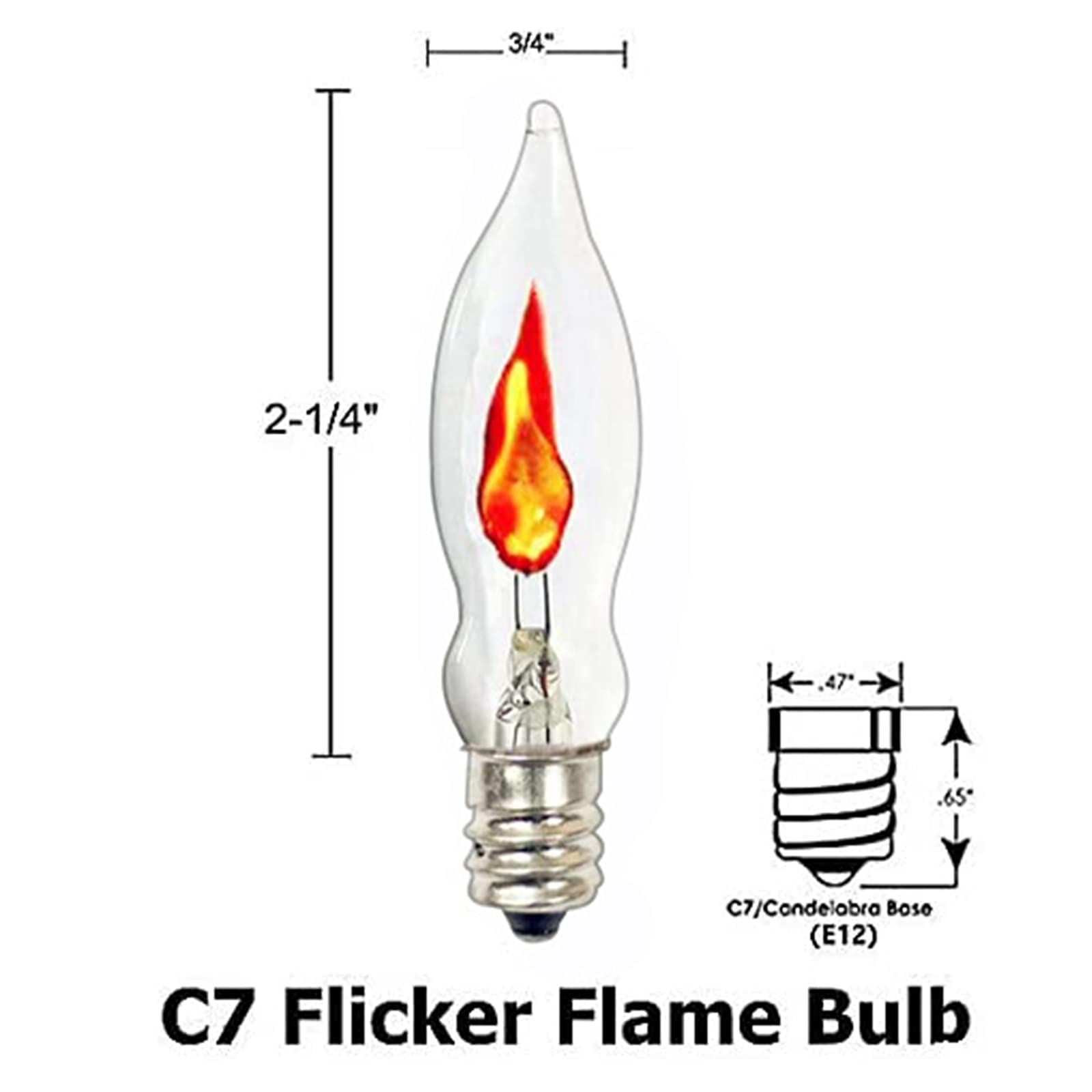 SUNSGNE Flicker Flame Light Bulbs, C18 Clear Glass, E12 Base, 12 Pack, 1 Watt, 120 Volt, Crystal Clear Flame Tip