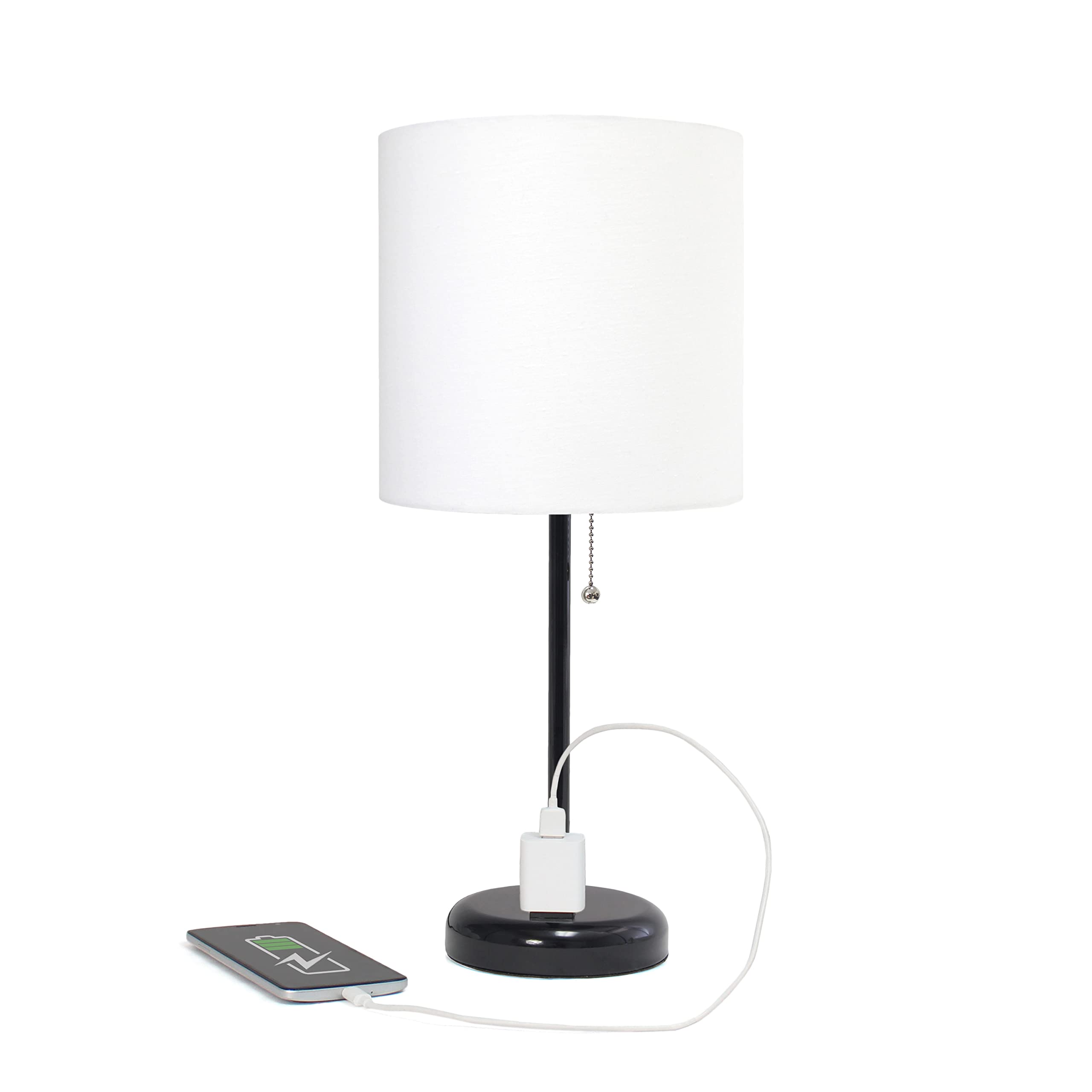 Simple Designs LT1144-BAW Sleek and Slender Black Table Lamp with Charging Outlet, for Bedroom, Living Room, Entryway, Office, Dining Room, Study, White Shade