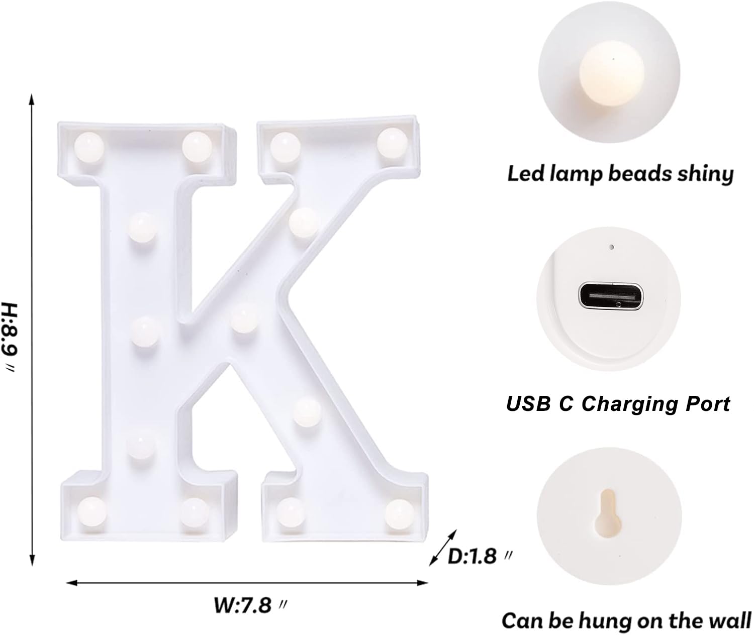 Foaky Rechargeable LED Letter Lights Sign - Warm-Rechargeable, K Size, Plastic Material, Model Recharge-ABS for Party & Home Bar Decoration