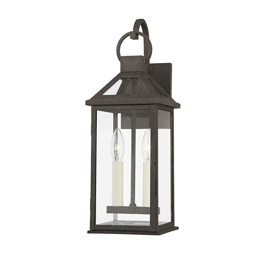 Troy Lighting Sanders 18.75 Exterior Wall Lantern | French Iron Finish | Clear Glass Panels | Cottage Outdoor 2-Light Sconce | M