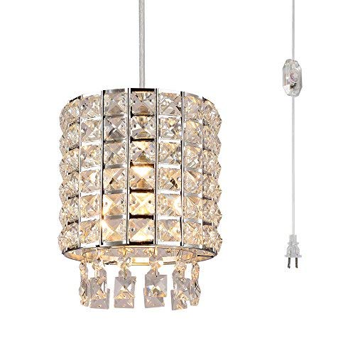 Airposta Dimmable Plug in Pendant Light, Crystal Mini Chandeliers, Modern Chrome Finish Crystal Hanging Chandelier Sparkly Ceili