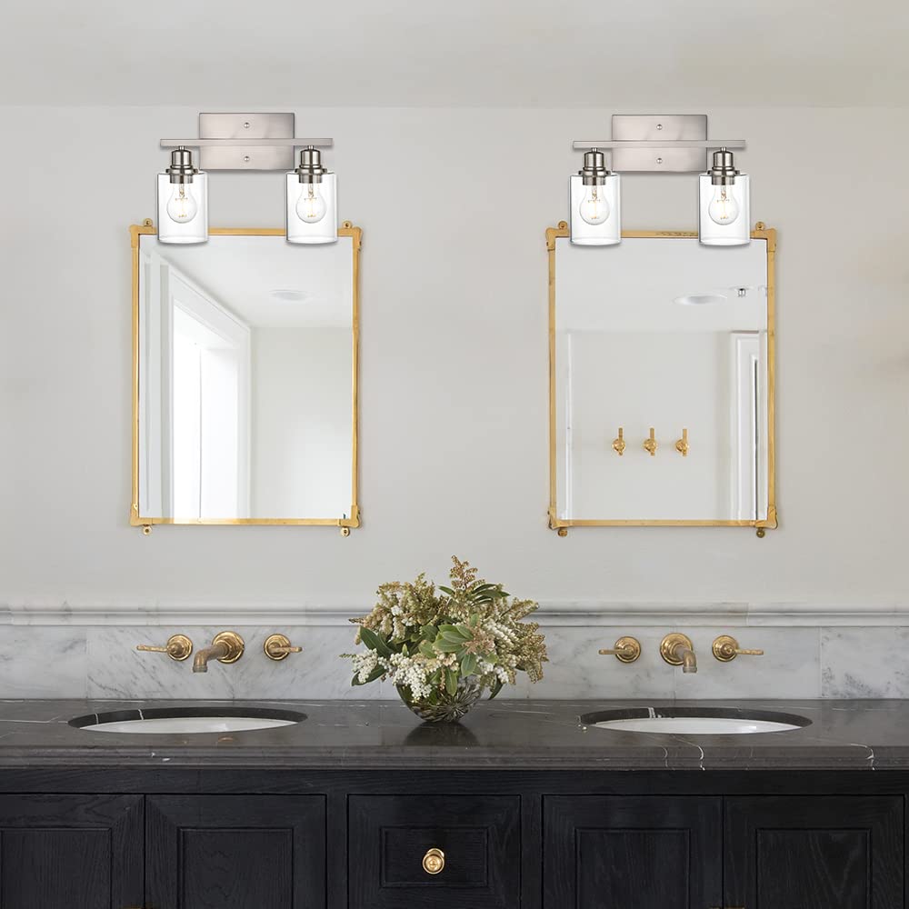 VINLUZ Modern Bathroom Vanity Light, 2-Light Wall Sconce, Brushed Nickel Finish, Metal Base, Clear Glass Shade