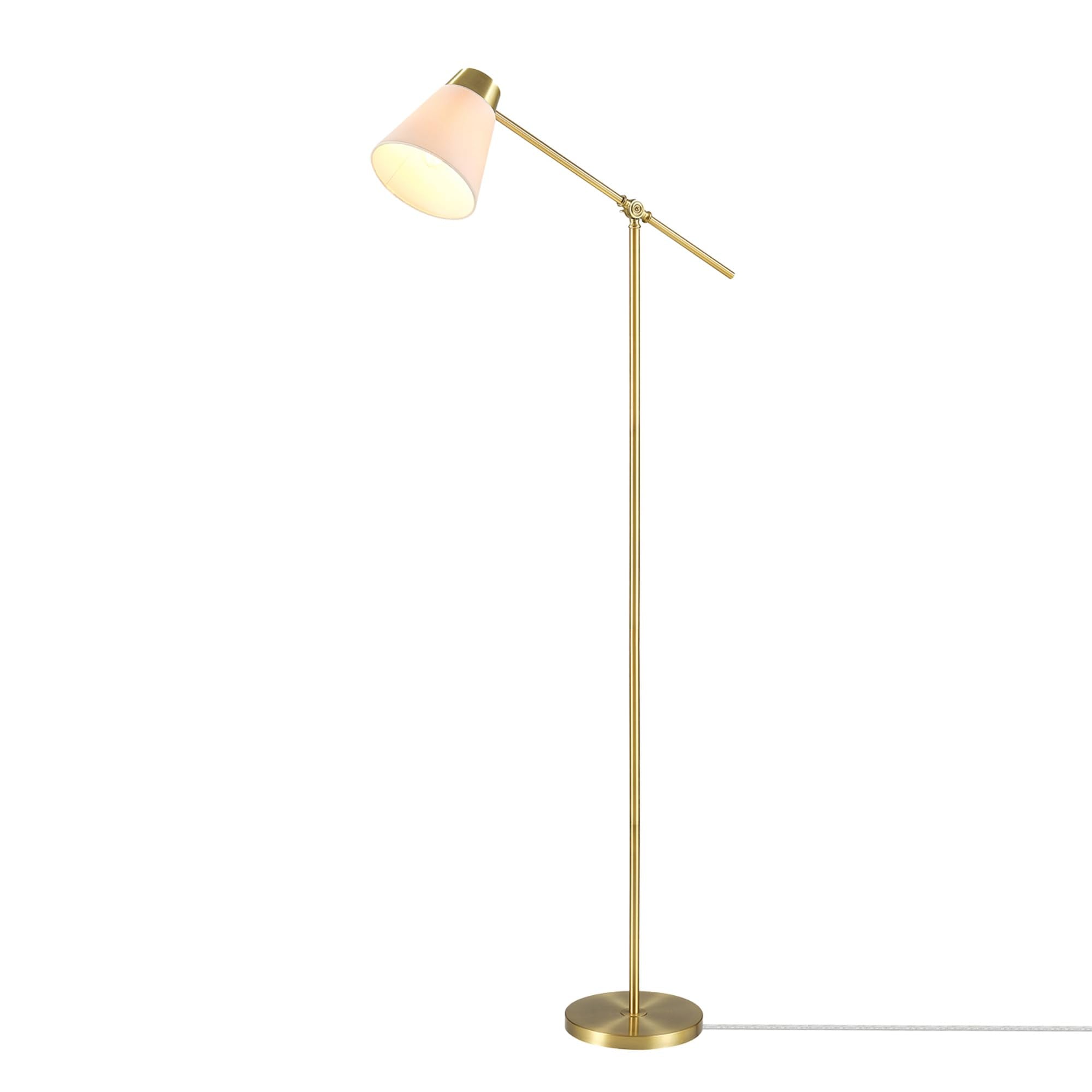 Globe Electric 69 Floor Lamp, Swing Arm, Matte Brass Plated, White Tapered Fabric Shade, On/Off Rotary Switch on Socket, 5-Foot 