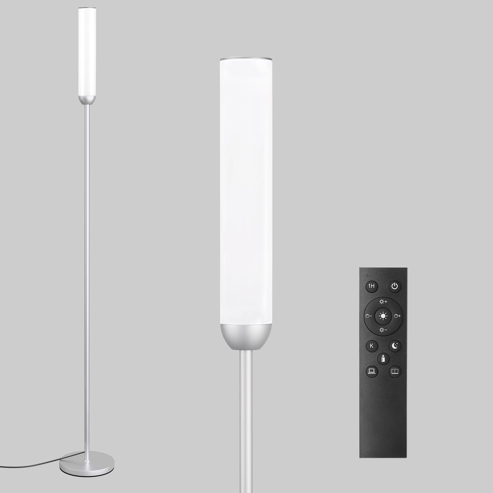 Ambimall LED Floor Lamp, 65in Stepless Adjustable 3000K-6500K, Remote Control, Silver, Model RPT-ZGLED1-2