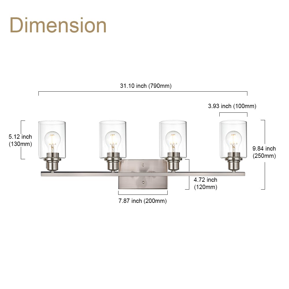 VINLUZ 4 Light Wall Sconce, Brushed Nickel, Clear Glass Shade, Metal Base, Bathroom Vanity Lighting Fixture