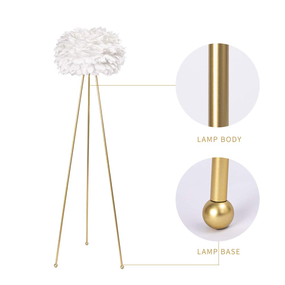 Maxax 60 Tripod Floor Lamp - Modern Gold With White Feather Shade, F21 Model For Bedroom, Dining Room, Living Room, Kitchen