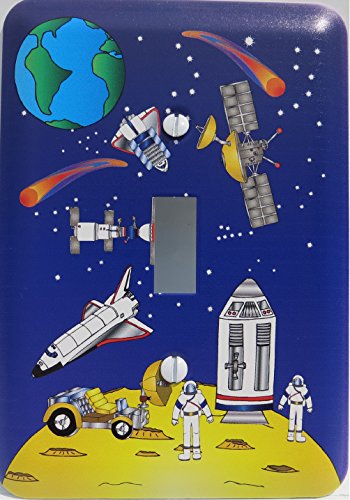 Outer Space Light Switch Plate Covers / Outer Space Switch Plate With Moon, Lunar Lander, Astronauts, Stars, Comets, Planet Eart