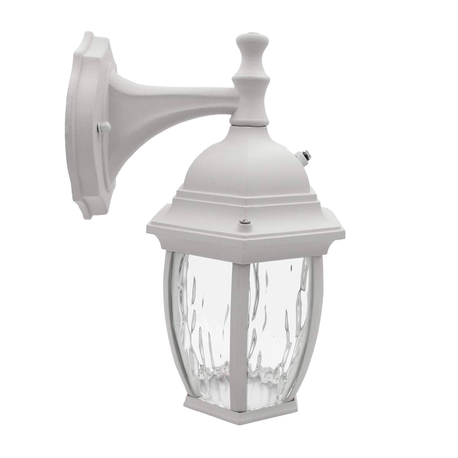 Maxxima LED Outdoor Wall Light, 3000K Warm White, Dusk to Dawn Sensor, White, Model MEL-6150WW, Clear Water Glass, 580 Lumens