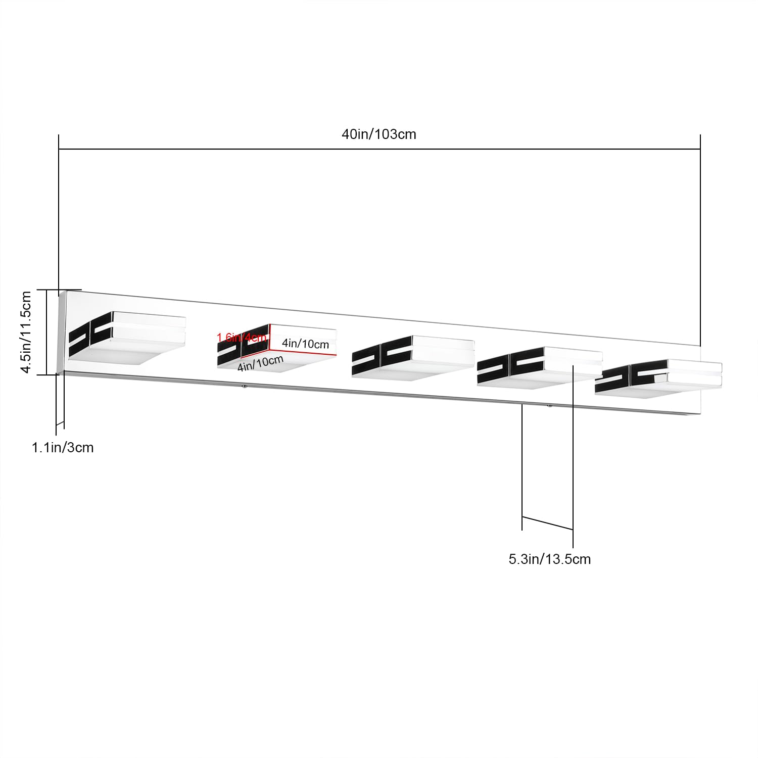 SineRise LED Bathroom Vanity Light Fixture, 5-Light, 40-Inch, Chrome, Model 9553E, Cool White 6000K, Non-dimmable