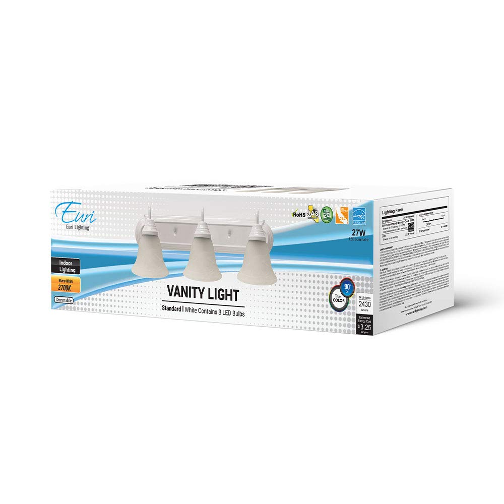 Euri Lighting 2FT Vanity Fixture EIN-VL48WH-1020cec, 27W, 2430lm, 2700K, Dimmable, Damp Rated, White Housing