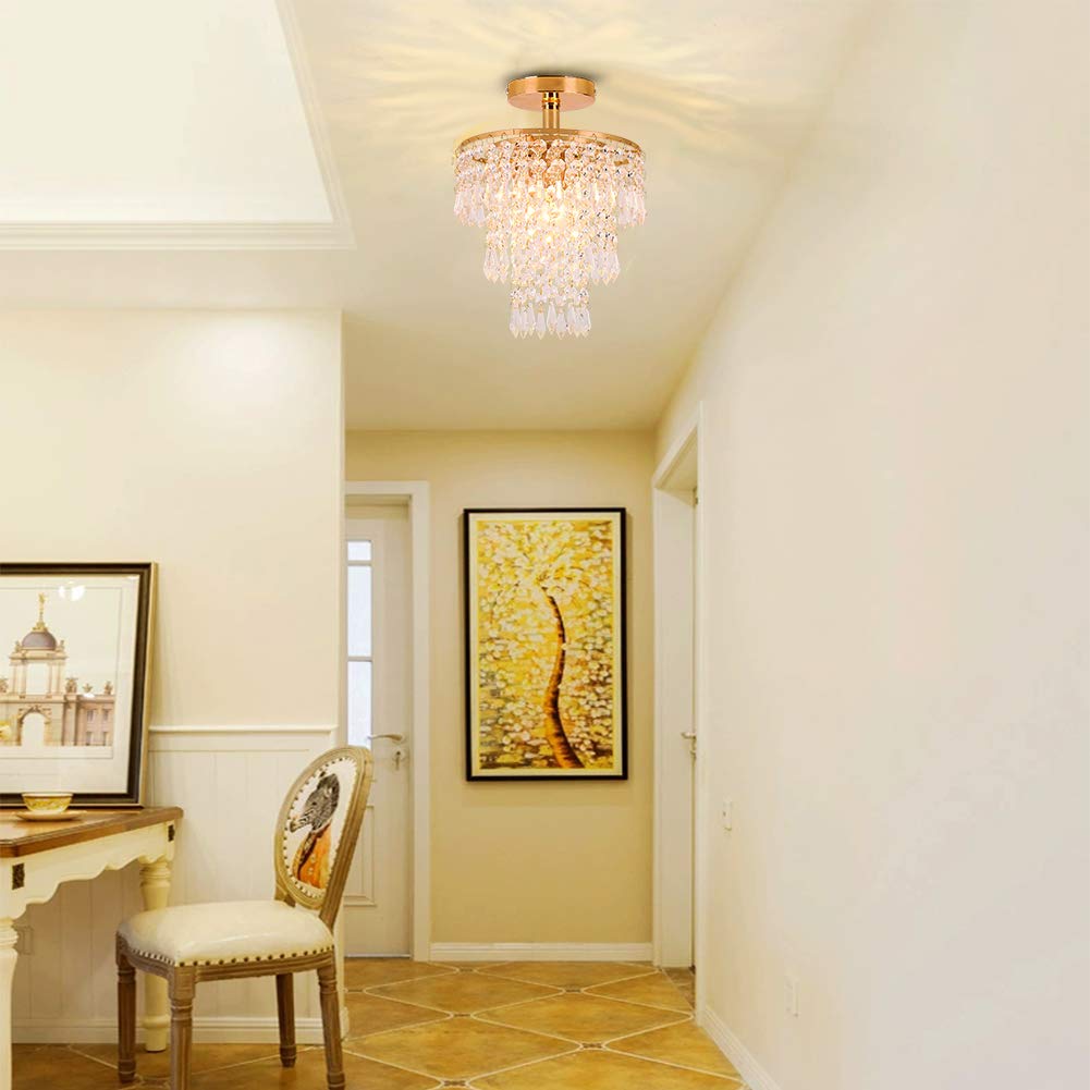 FRIXCHUR Mini Crystal Chandelier, 3-Tier Flush Mount Light, H11.4'', Gold, Modern Raindrop Design for Bedroom, Hallway, Living Room