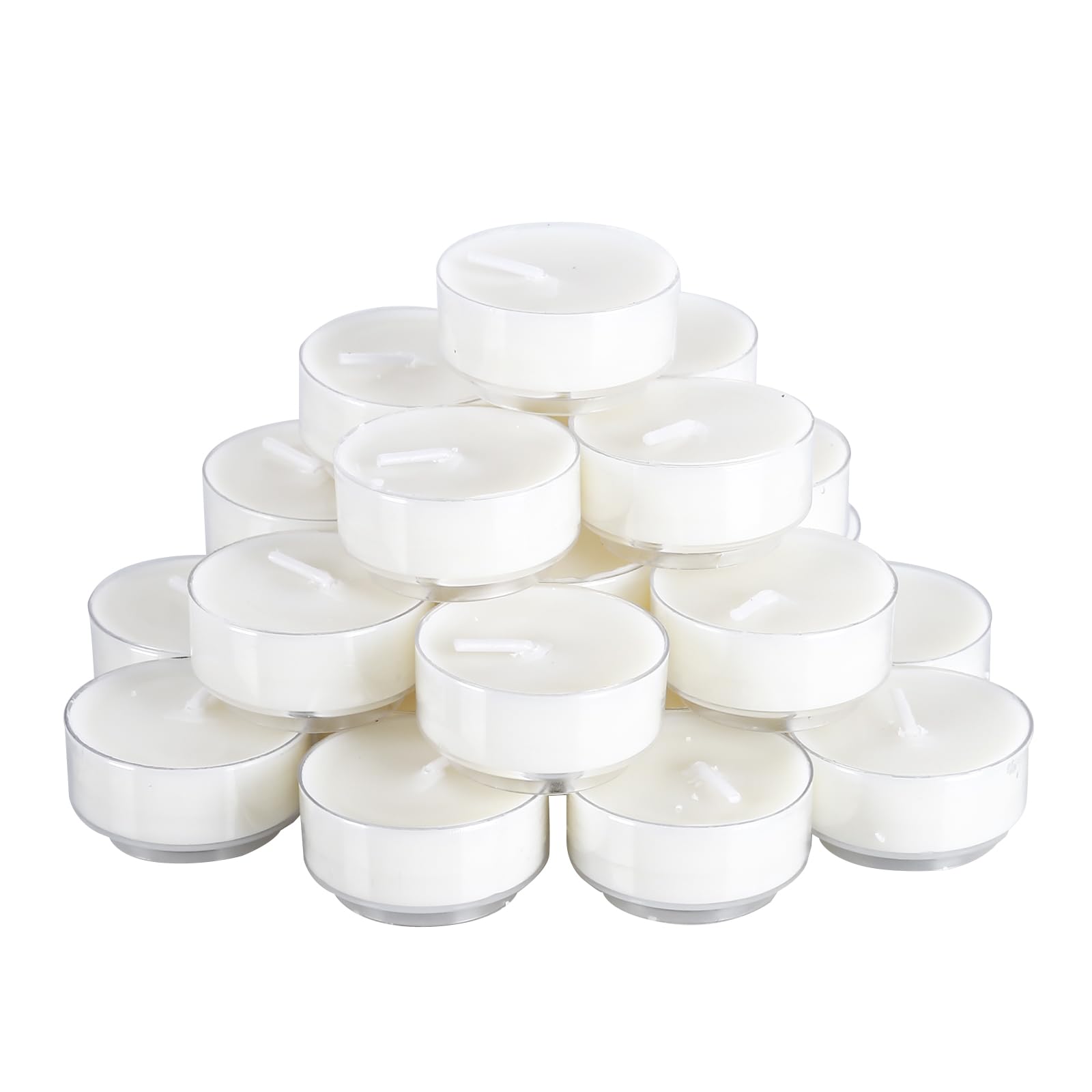 Linegohts Unscented Clear Cup Smokeless Tea Lights - 50 Pack White Palm Tealight Candles - 4+ Hour Burn Time - Clean-Burning Votive Tealights Candles For Home, Shabbat & Anniversaries (50 Pack)