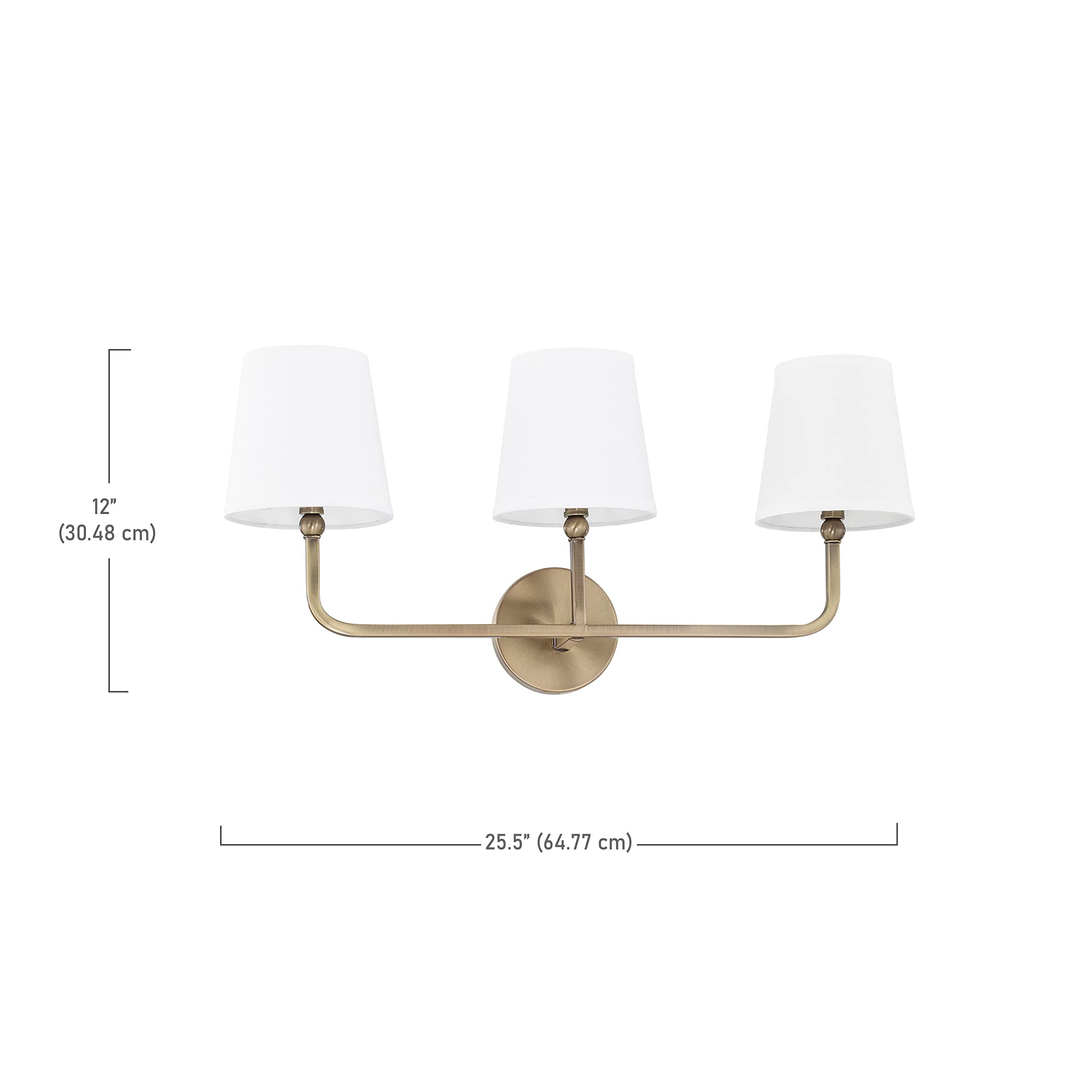Capital Lighting Dawson 3-Light Bath Vanity Wall Mount, Aged Brass, 12in H x 26in W, Model 119331AD-674, Decorative White Fabric Shade