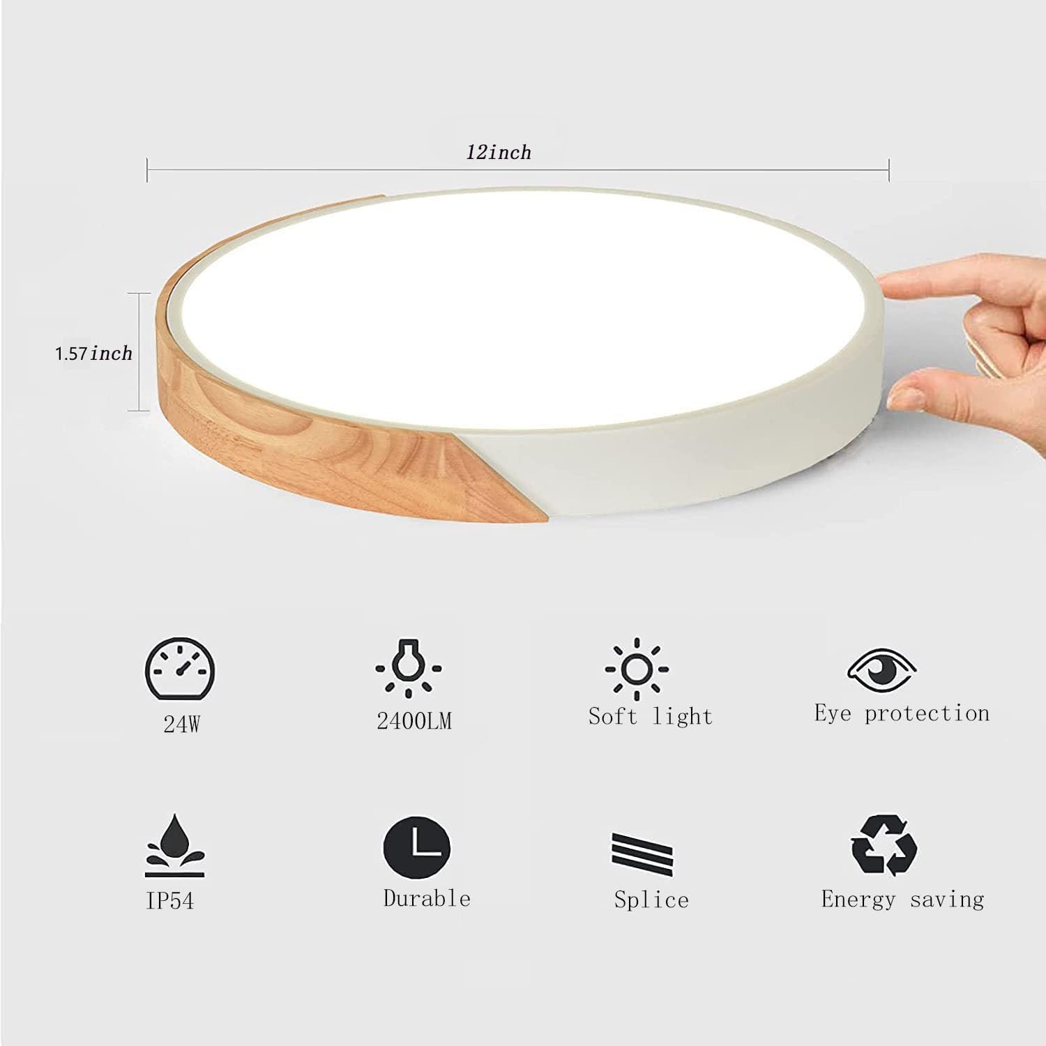 Wood Led Flush Mount Ceiling Light  3Cct 3000K-6500K Modern Round Close To Ceiling Lighting Fixtures 12 Inch Minimalist White Ceiling Lamp For Living Room  Bedroom  Laundry Room  Not Dimmable