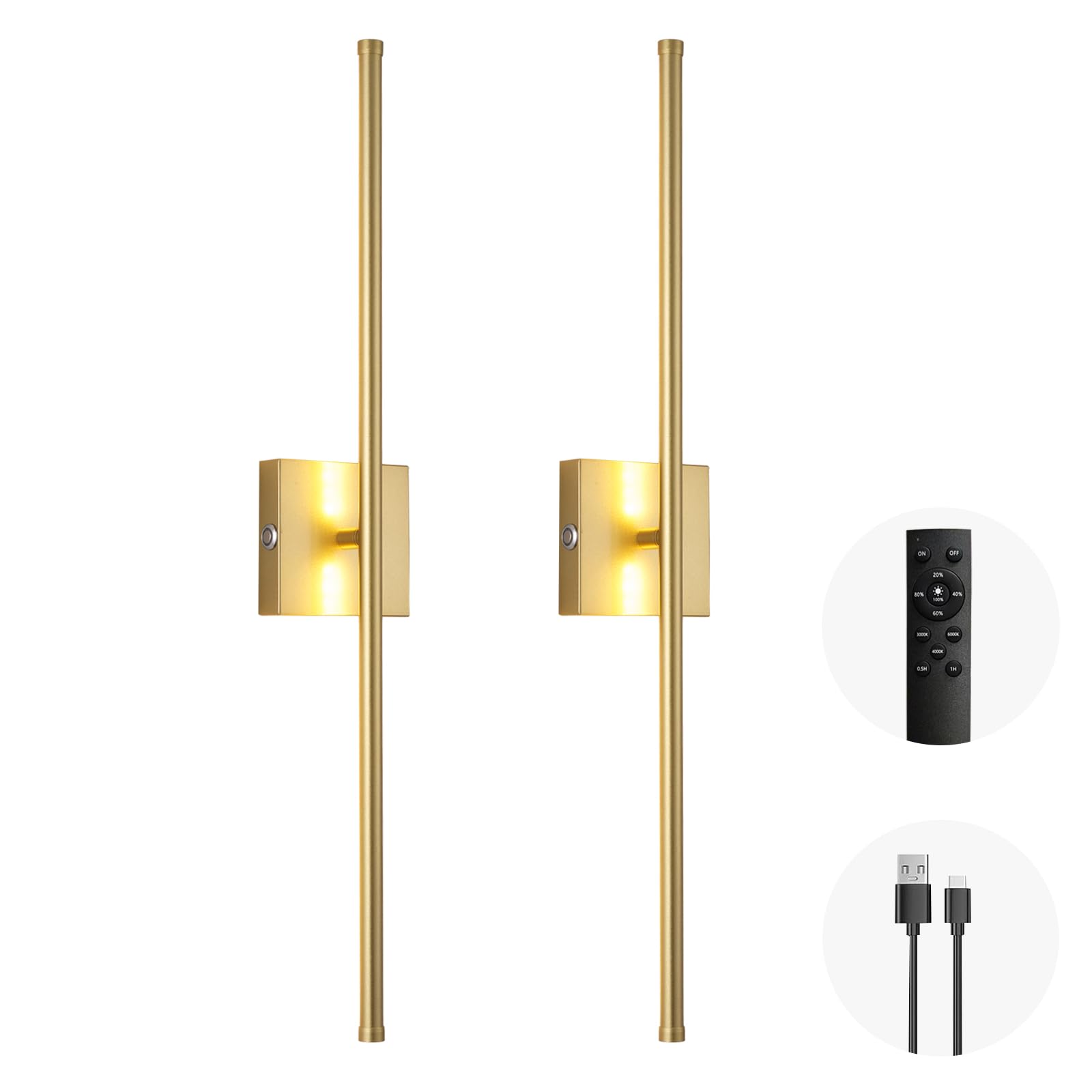 Morpholife LED Wireless Wall Sconce Set of Two, USB Rechargeable, Dimmable, 28.3 inch, Gold, Model 0117G