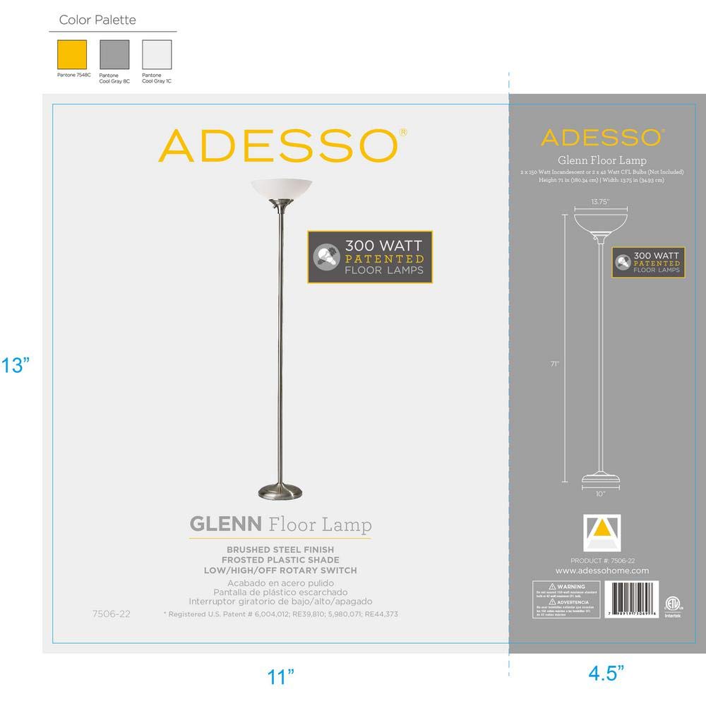 Adesso 7506-22 Floor Lamp, 300 Watt, Metal, Brushed Steel