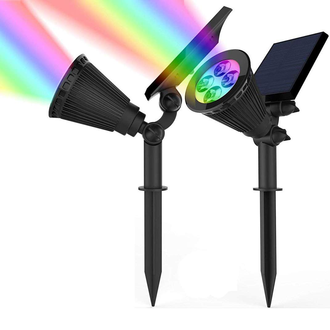 Magictec Solar Spotlights, 2-in-1 Adjustable 4 LED Wall/Landscape Solar Lights with Automatic On/Off Sensor, 2 Pack (RGB)