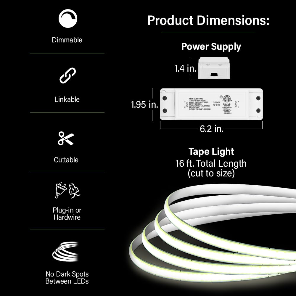Feit Electric 16Ft Led Tape Light, Dimmable, Plug-In/Direct Wire Led Ultrathin Strip Lights For Home, 2950 Lumens, 3000K Bright White, Remote Control Included, 25,000-Hour Lifetime, Tape192/Cob/Led