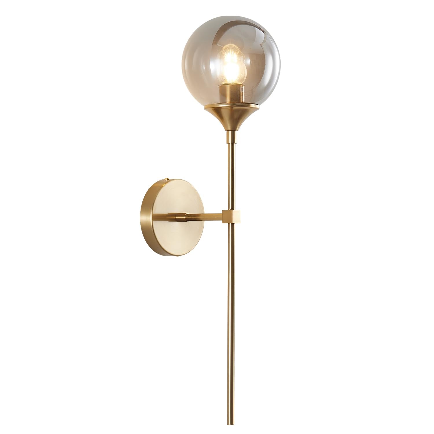 BOKT Brushed Brass Gold Wall Mounted Sconce Mid Century Modern Globe Wall Light Fixture Vintage Long Pole Arm Wall Lamp Smoke Gr