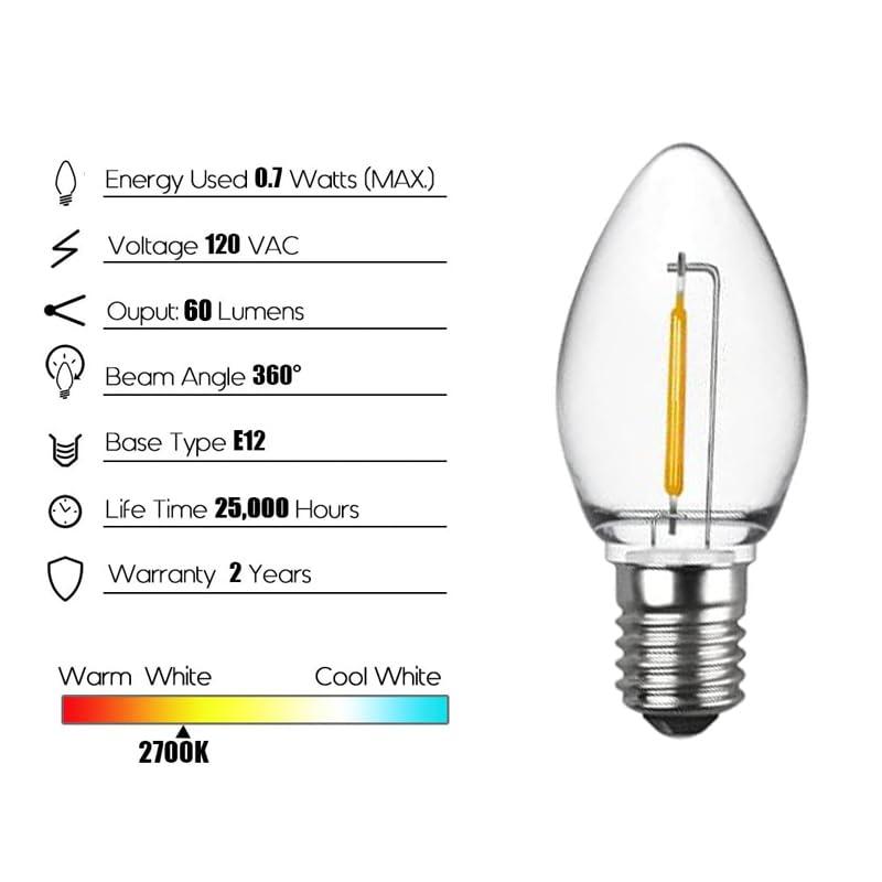 Venusop 5 Pack C7 Warm White Led Replacement Christmas Light Bulbs,E12 Candelabra Base, Shatterproof Plastic, For Christmas Outd