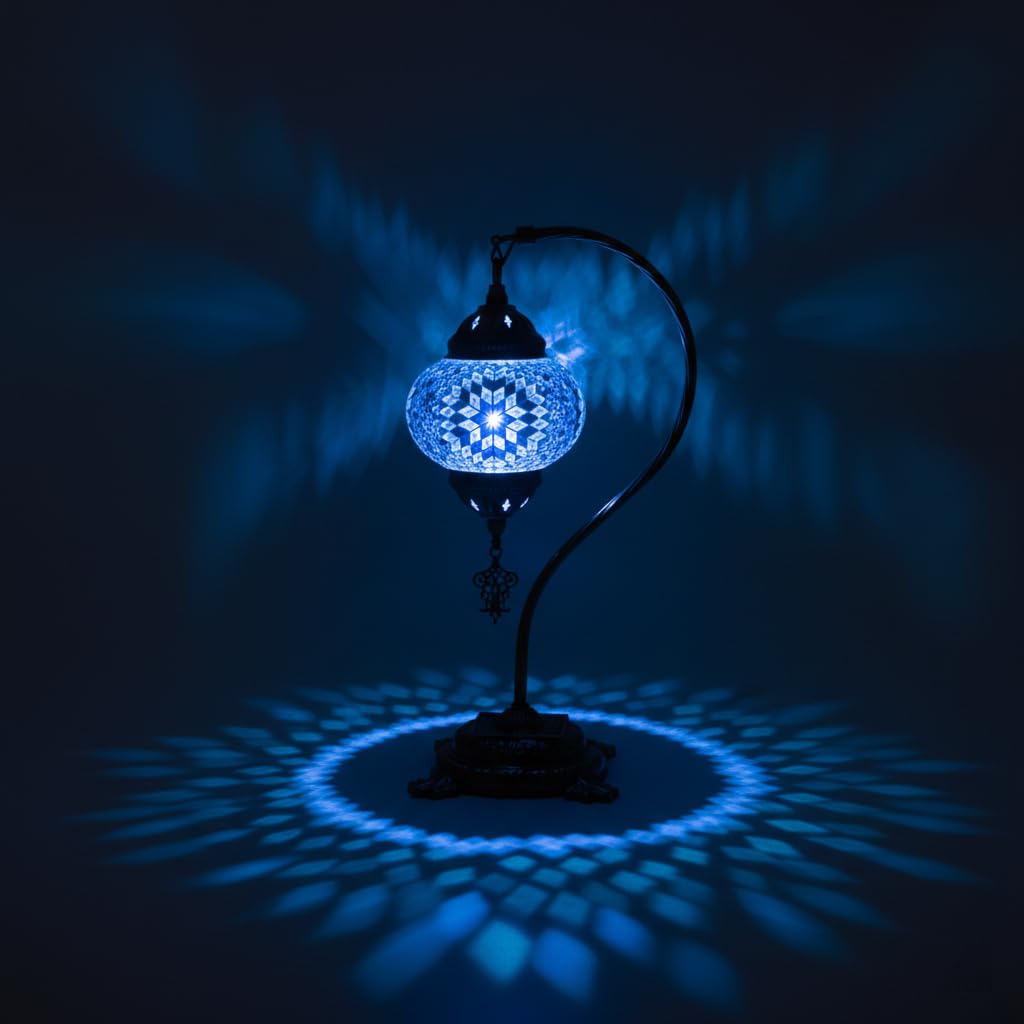 BYTURKISHLAMPS Turkish Mosaic Handmade Blue Lamp, Moroccan Swan Neck Table Tiffany Boho Lamps, Bedside Bohemian Rustic Gooseneck