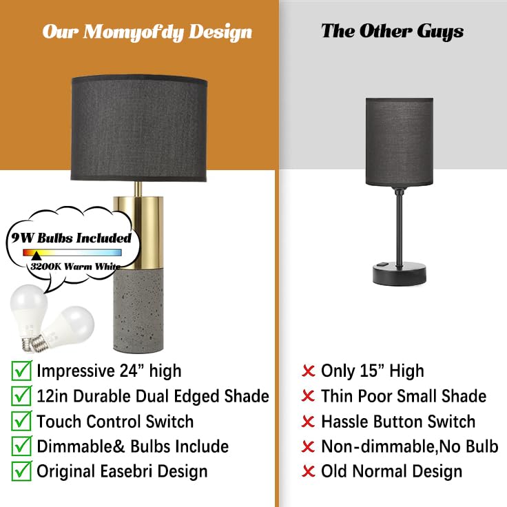 Momyofdy 24&quot; Black Gold Touch Control Table Lamp Set Of 2, Dimmable Concrete Modern Design
