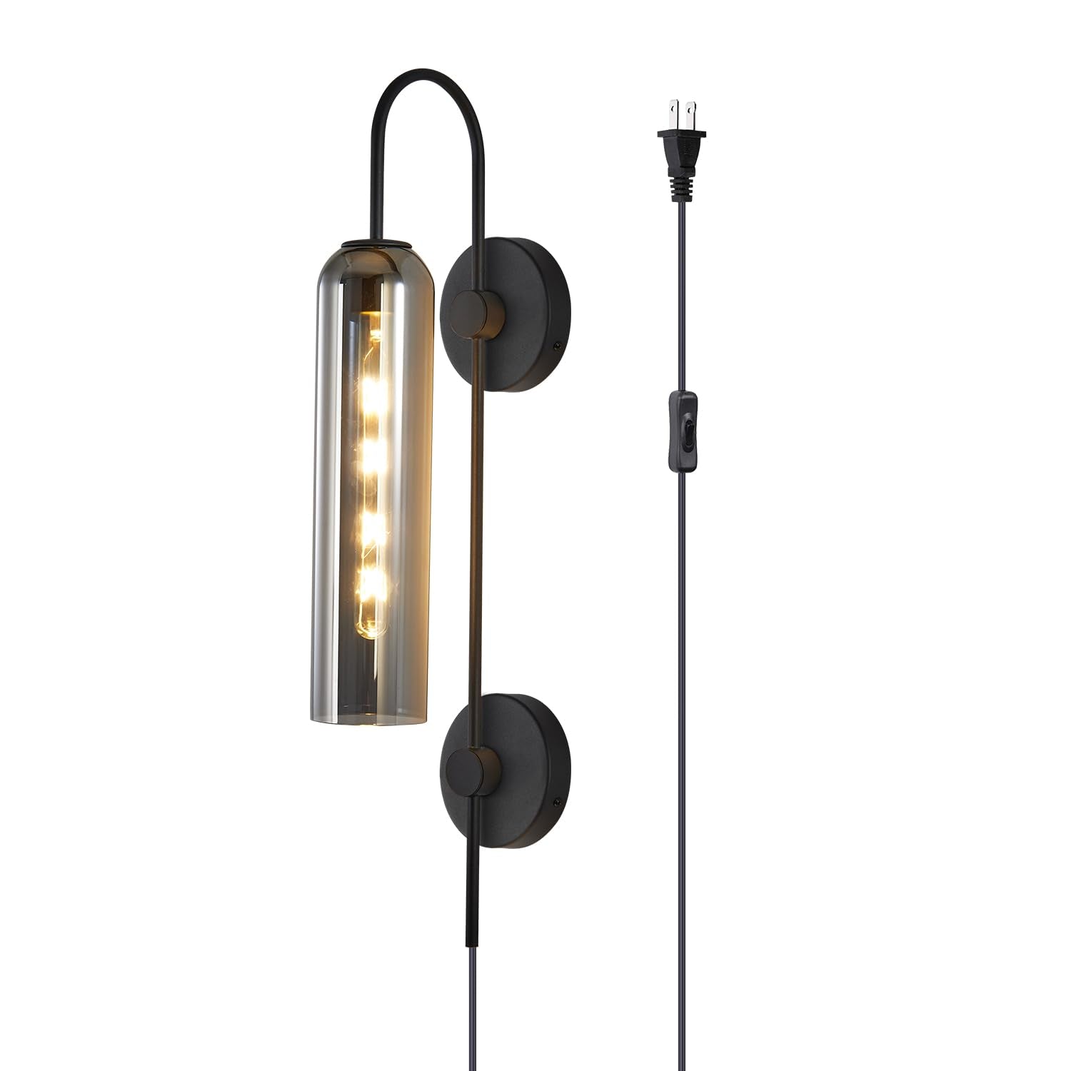 BOKT Mid Century Plug in Wall Sconce Black Bathroom Wall Mounted Light with Smoke Glass Minimalist Long Wall Decor Lamp Plug in 