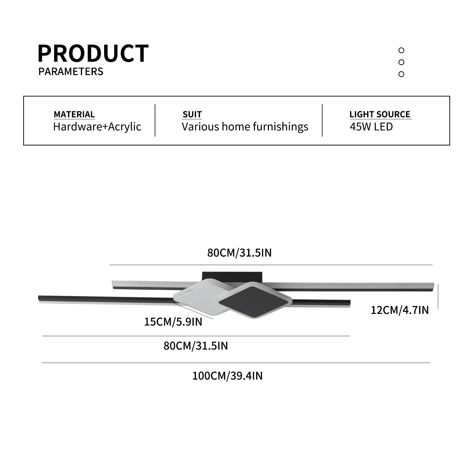 Qcyuui LED Ceiling Light Dimmable Acrylic Lamp with Remote Control 45W Linear Square 39.4in for Bedroom Kitchen Dining Room