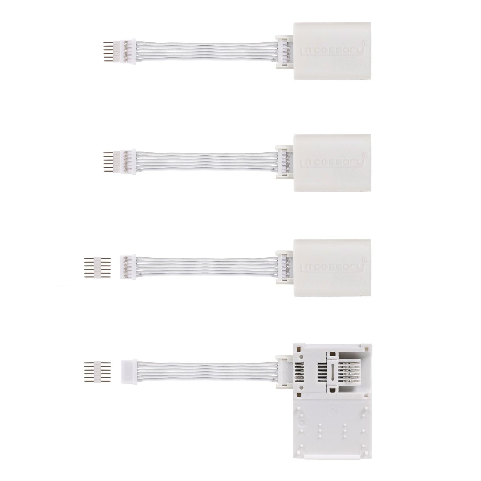 Litcessory 6-Pin Extension Connector for Philips Hue/Solo Lightstrip, 2in, White, 4 Pack - Model LIT-6P-EXT-50mm-W04