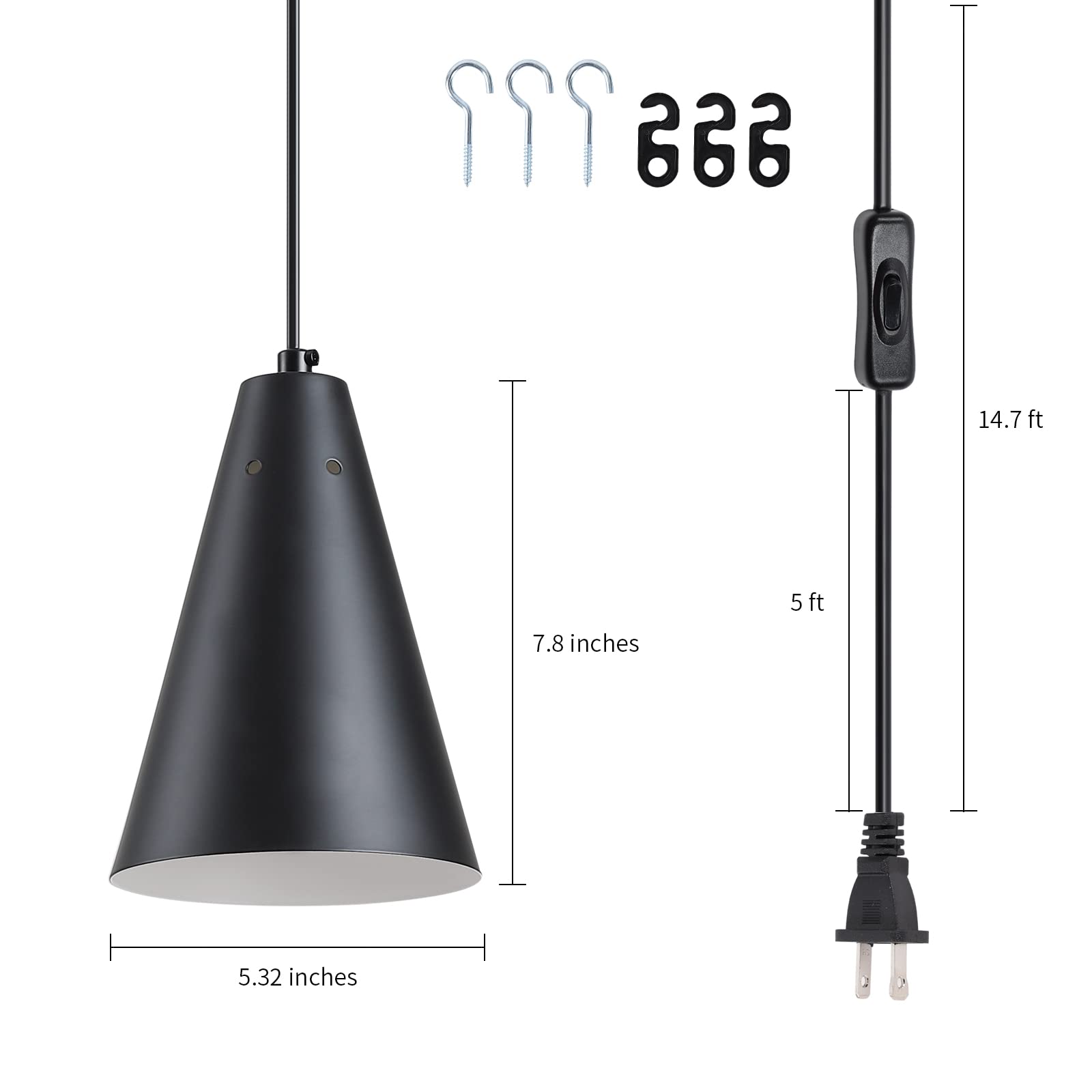 Dijiahua Black Plug In Pendant Light, Metal Shade, Modern Farmhouse Style, On/Off Switch, Mini Size for Kitchen Island, Model P-JDH050