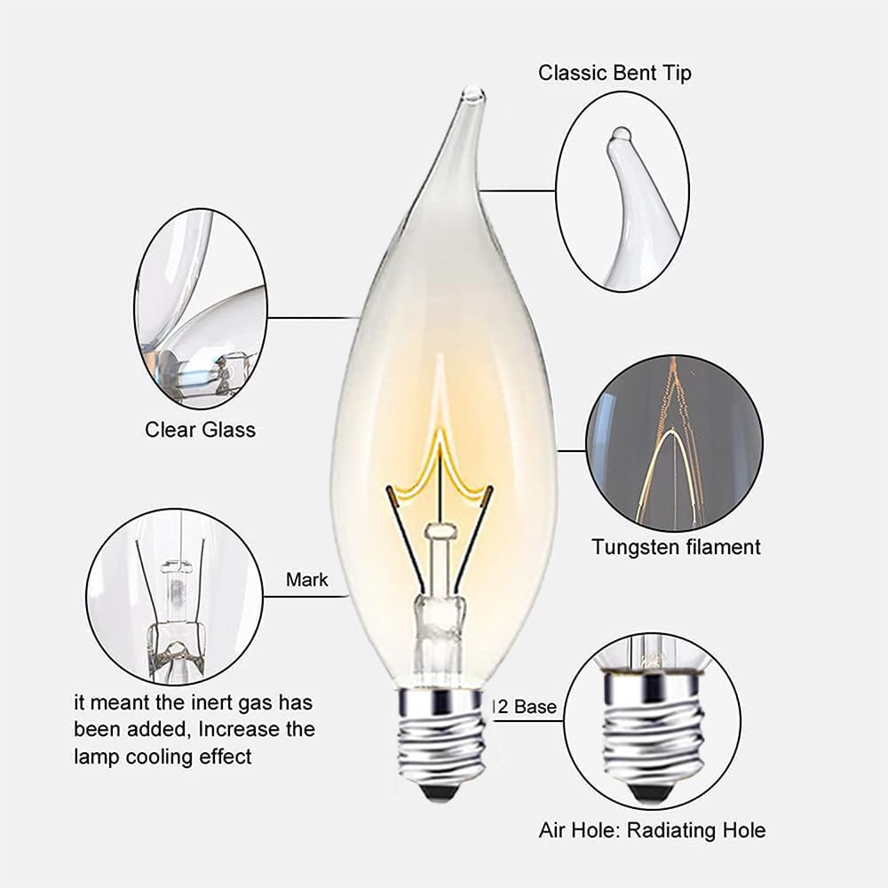 Seigun 12PC Candelabra Light Bulbs, 60W Clear E12 B10, Warm White 2700K, Dimmable, 600 Lumen, Glass