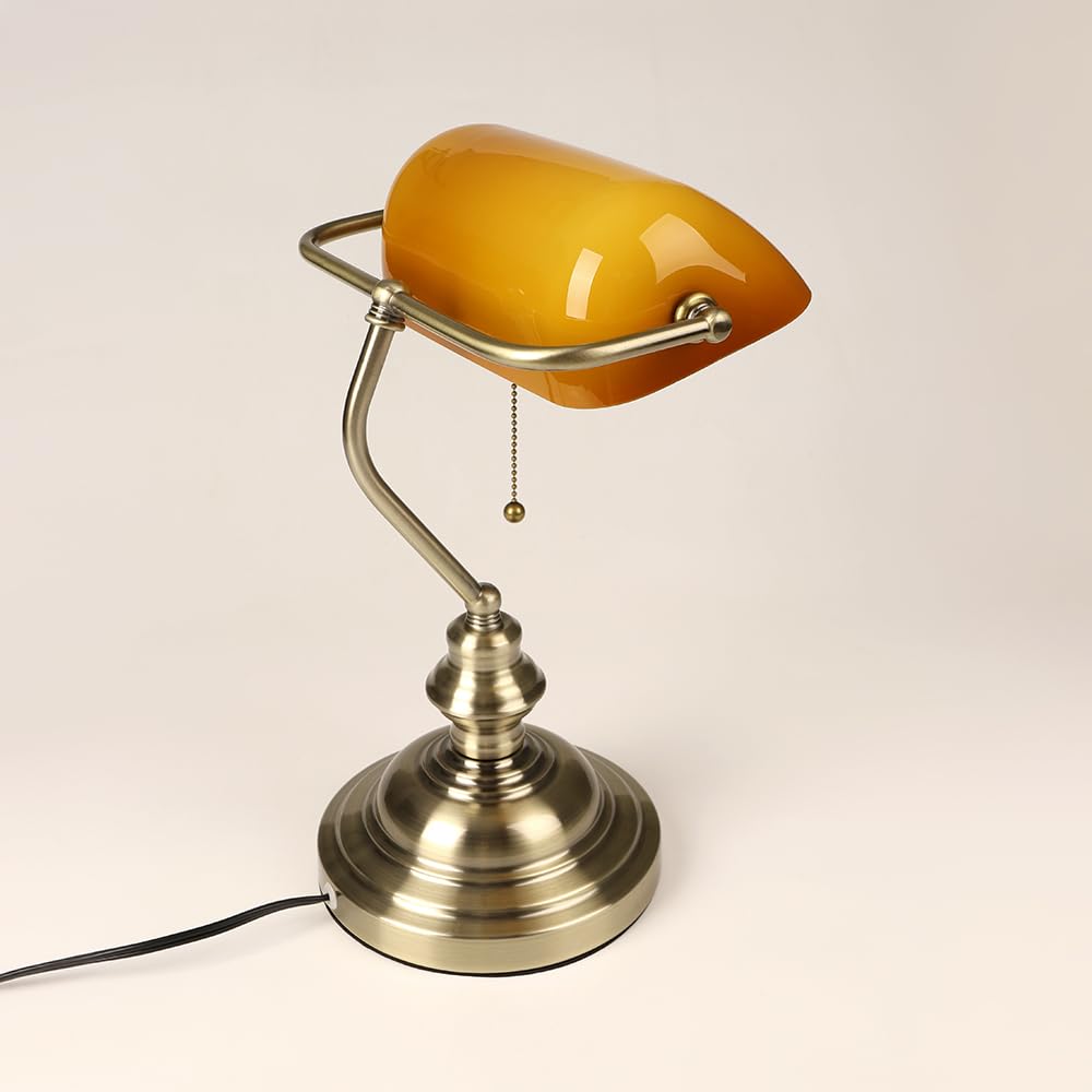 FIRVRE Bankers Desk Lamp - Amber Glass Shade, Bronze Base, Vintage Style, Model Y01 for Home Office & Study Room