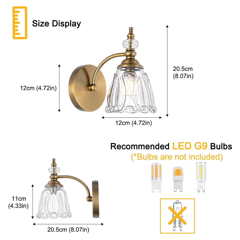 Ditoon Vintage Brass Wall Sconces Set of Two, G9 Bulbs, Glass, 1 Light, Brushed Gold, Model DX230004V1