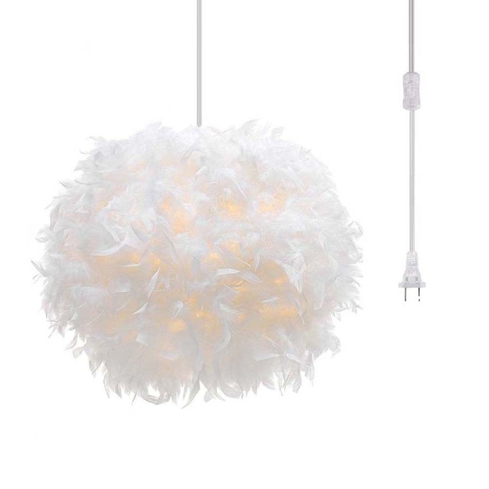 Surpars House Plug-in Pendant Light White Feather Chandelier with 14.8 Cord and On/Off Switch
