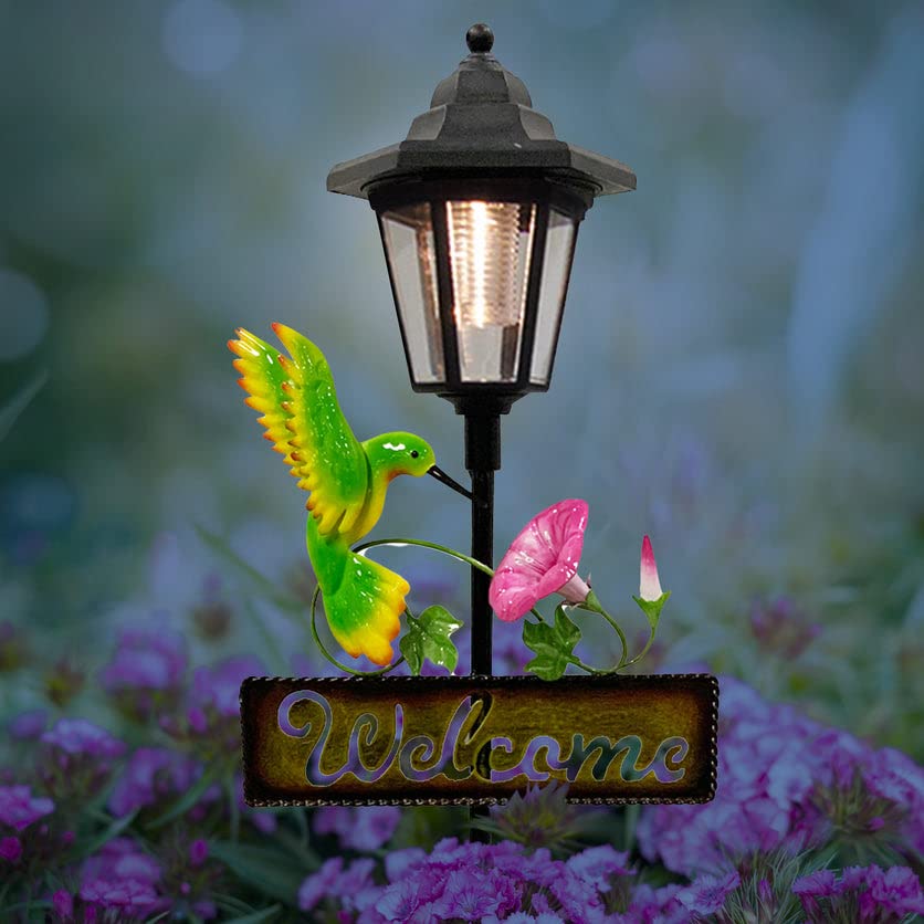 Crosslight Solar LED Hummingbird Welcome Sign - Weatherproof Garden Stake Light for Outdoor Decoration - Decor for Yard, Lawn, P
