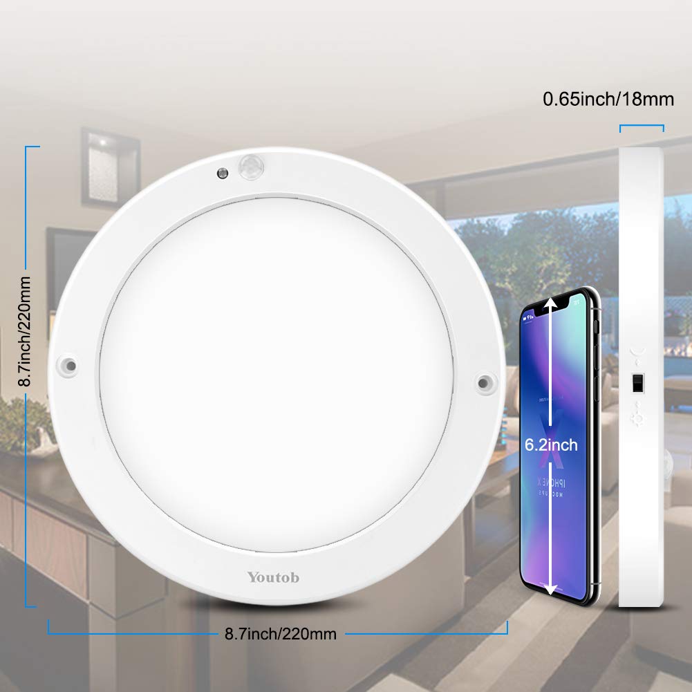 Youtob Motion Sensor LED Ceiling Light 15W, 1100LM, Aluminum, 3000K Warm White, Flush Mount for Stairs, Closets, Hallways