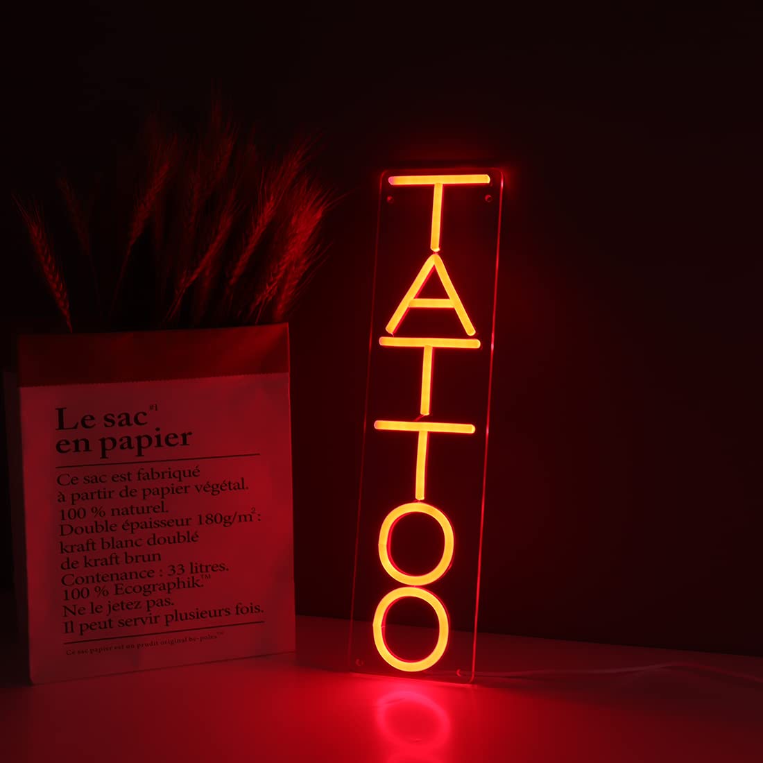 Britrio Neon Tattoo Sign Light - LED Wall Art Decor for Salon, 15.75x4.17 inches, Vertical Red, USB Powered