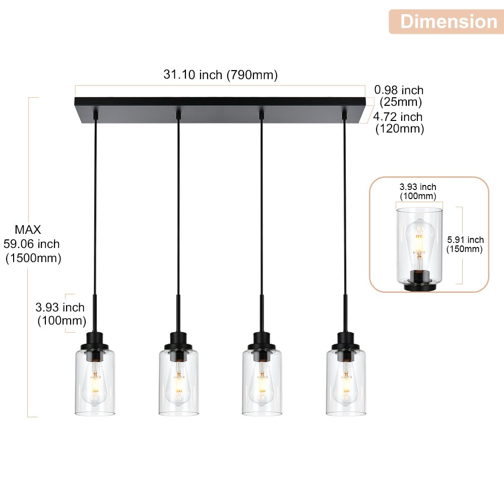Winshen Black Pendant Light Fixtures With Clear Glass, 4-Lights Adjustable Height Hanging Ceiling Lights, Kitchen Island Lightin