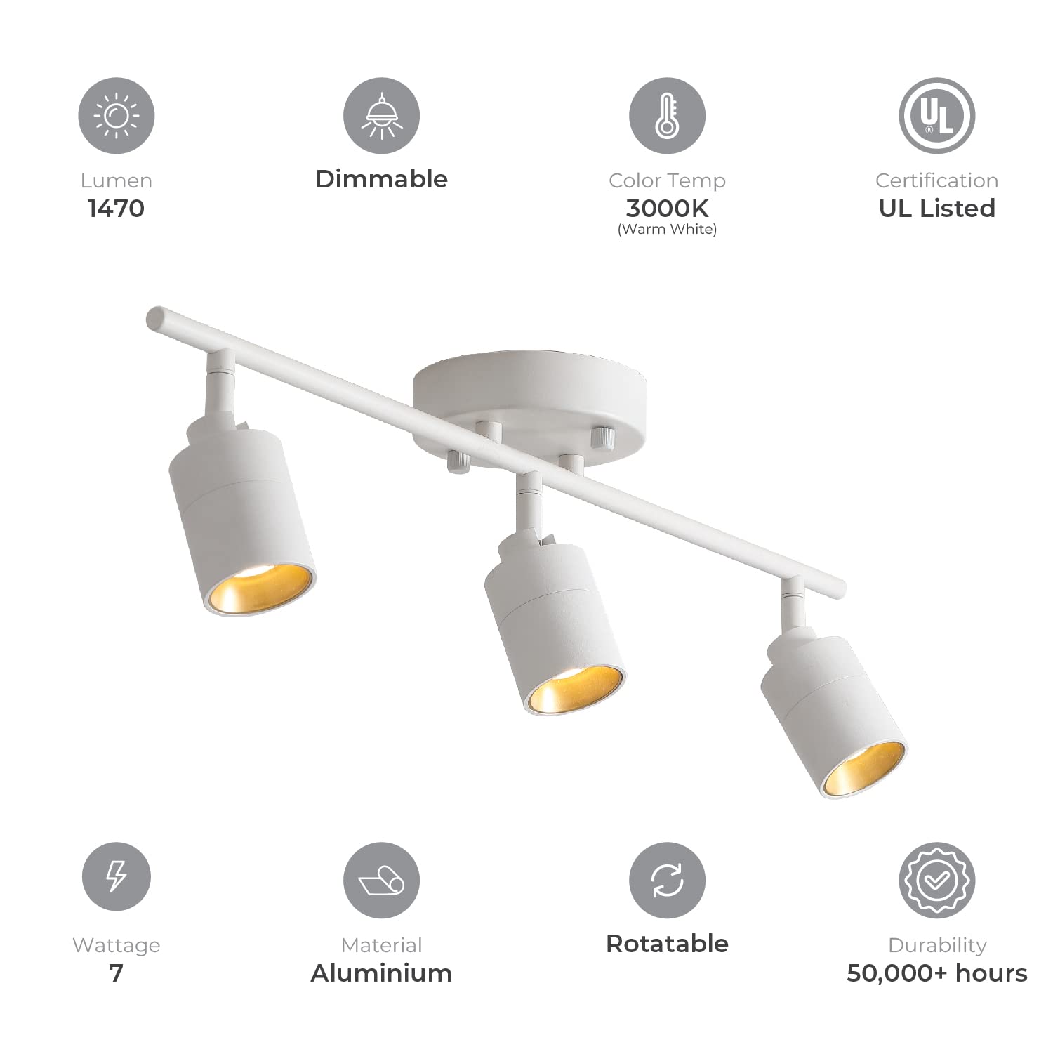 Shura White 3-Light Track Light With Adjustable Heads, Integrated Led Bulbs, 2 Ft. Track Lighting Kit Ceiling Light, 3000K, 1470